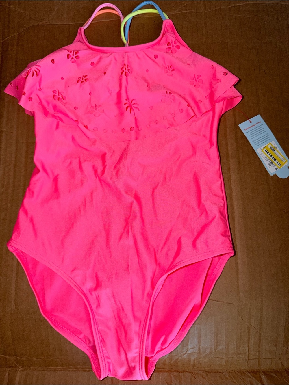 Target Girls Neon Pink Ruffle One-Piece Swimsuit with Multicolor Straps